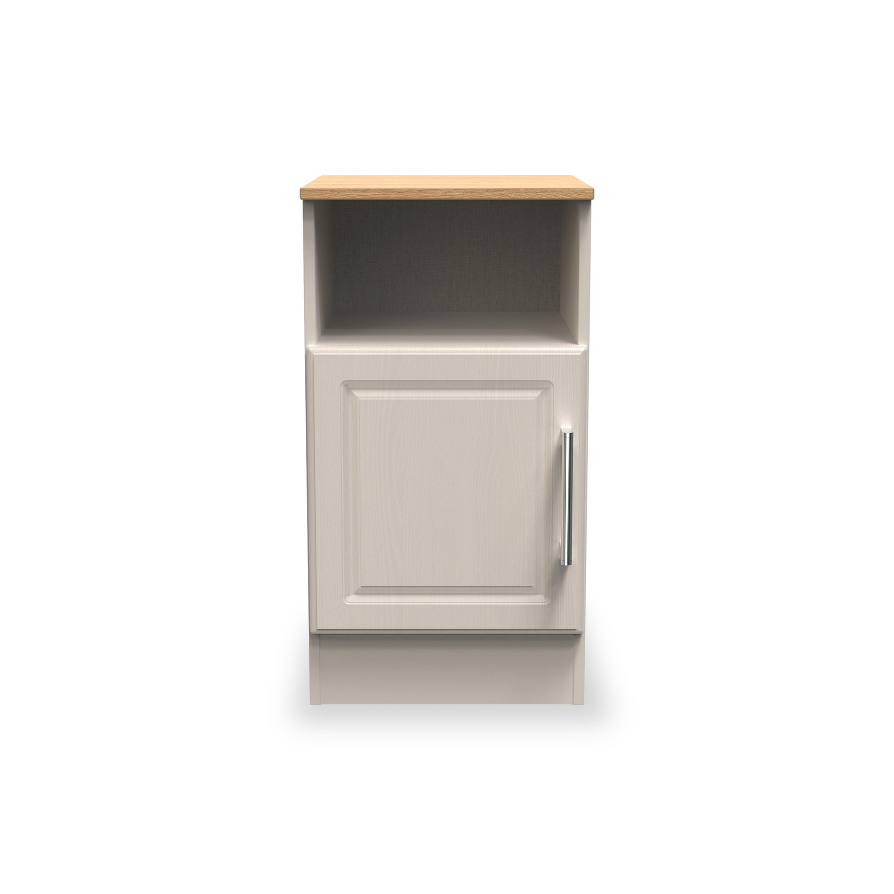 A beige wooden nightstand with a single closed drawer and an open shelf above, set against a plain white background.