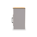A gray filing cabinet with a wooden top and metallic handle is positioned against a white background.