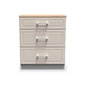 A three-drawer wooden filing cabinet with silver handles stands isolated against a white background.