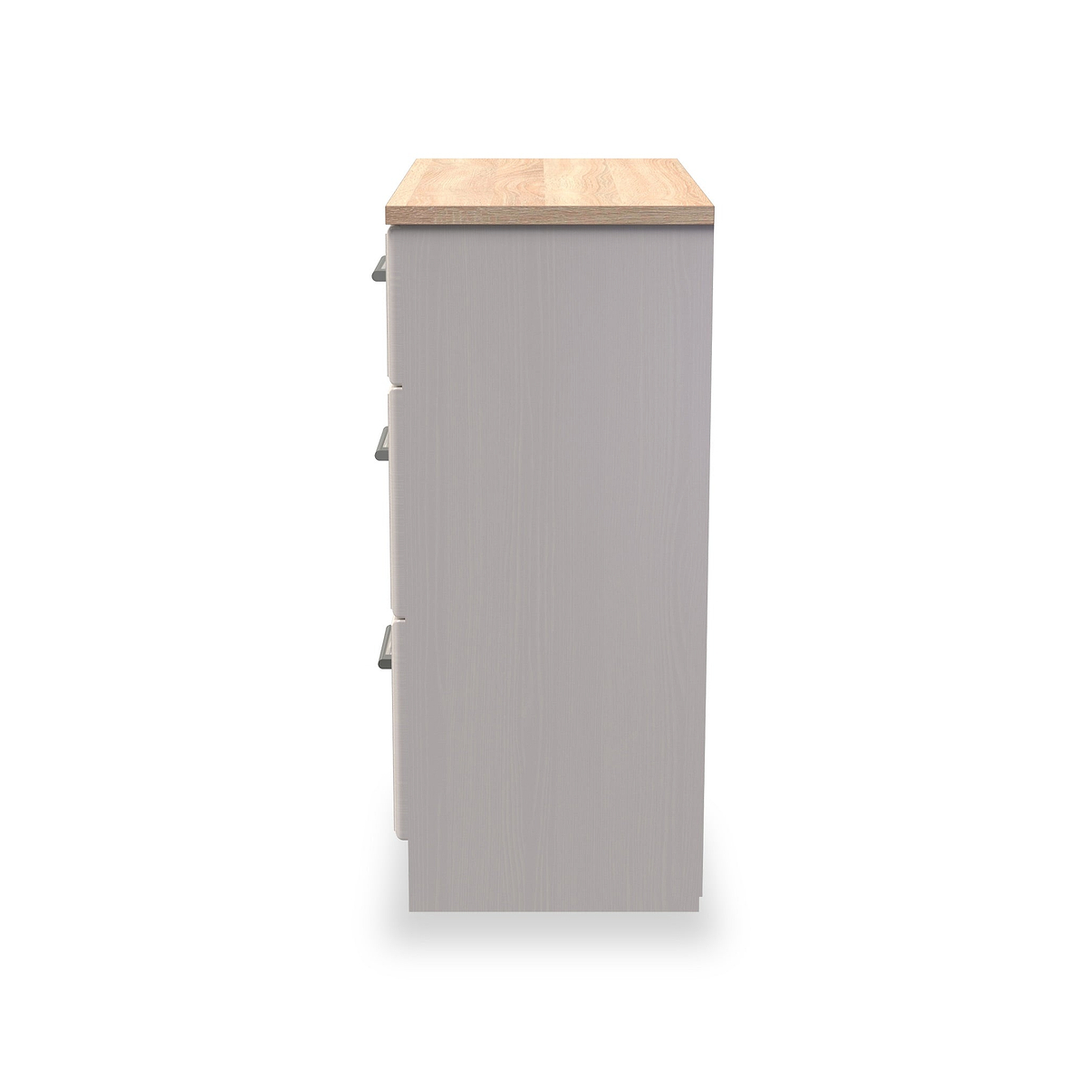 A tall, freestanding gray bathroom cabinet with a wooden top and silver handles against a white background.