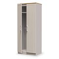 A tall beige wardrobe with open doors revealing empty shelves inside, isolated against a white background.