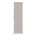 A closed light-grey door with a brown top edge and a silver handle, centered against a white background.