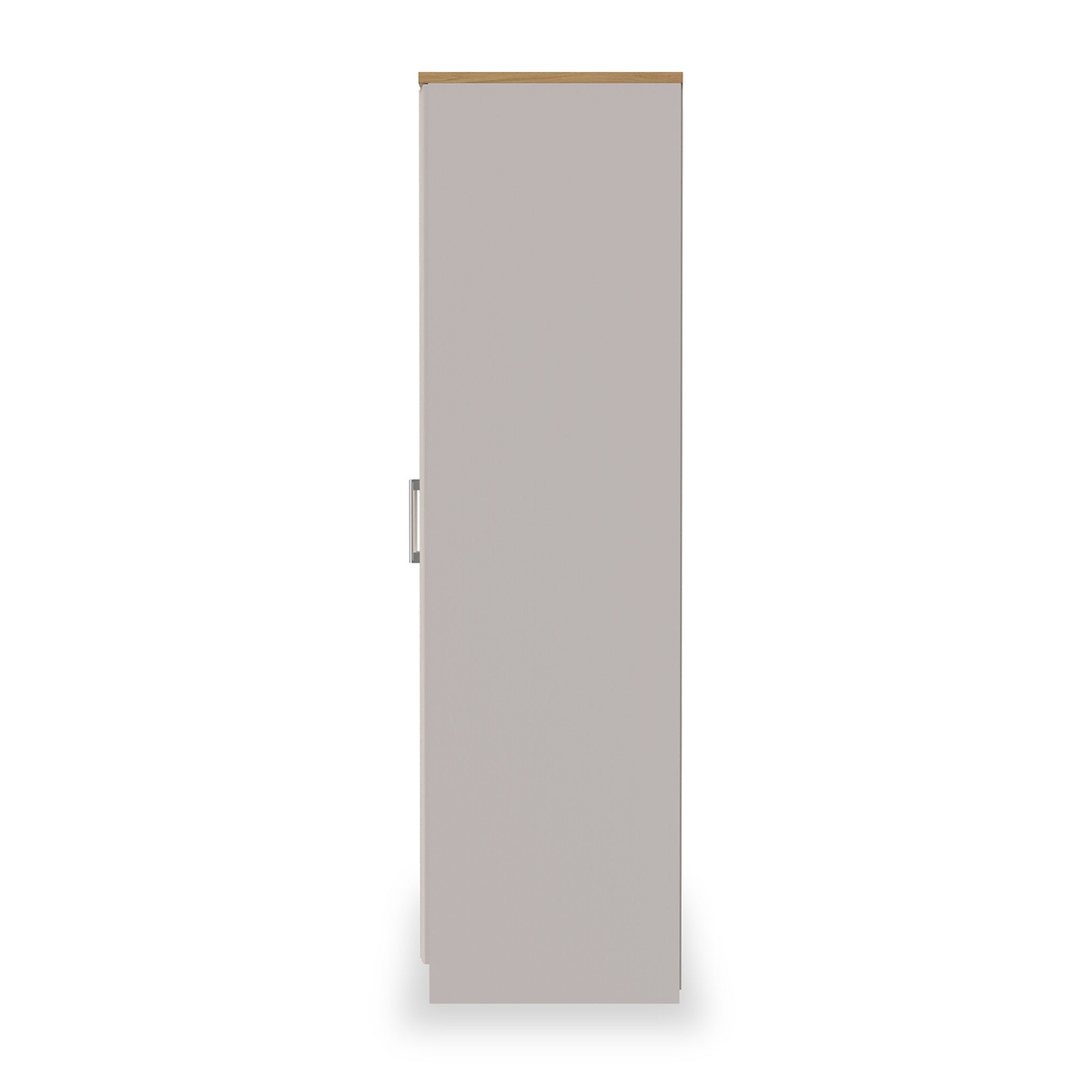 A closed light-grey door with a brown top edge and a silver handle, centered against a white background.