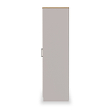 A closed light-grey door with a brown top edge and a silver handle, centered against a white background.