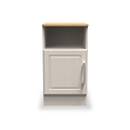 A beige wooden nightstand with a single closed drawer and an open shelf, isolated on a white background.
