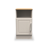 A beige wooden nightstand with a single closed drawer and an open shelf, isolated on a white background.