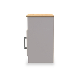 A grey cabinet with a wooden top and a silver handle, standing against a white background.