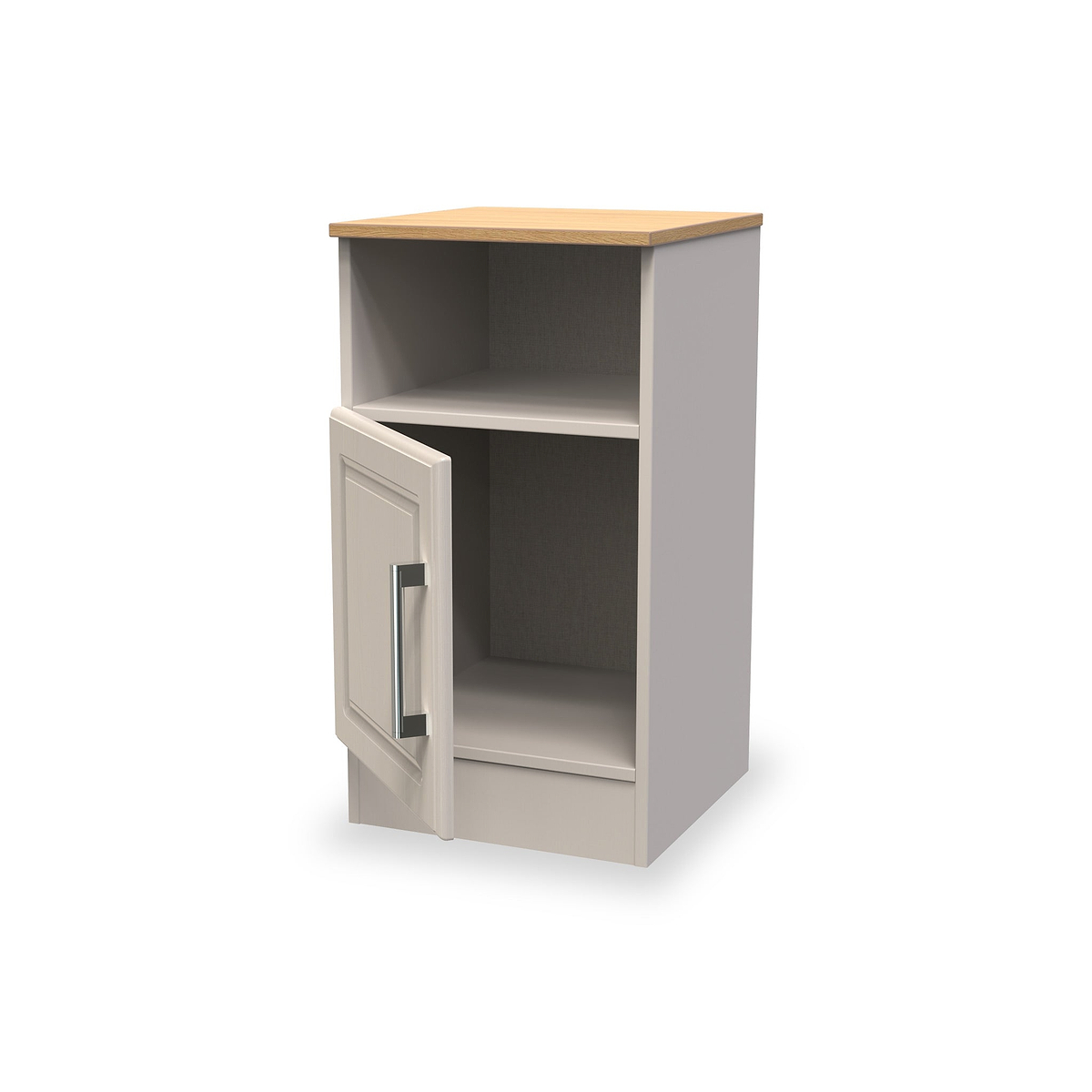 A wooden nightstand with one open shelf and a closed lower cabinet, isolated on a white background.