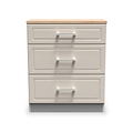A three-drawer filing cabinet, with a beige wood top and silver handles, stands against an isolated white background.