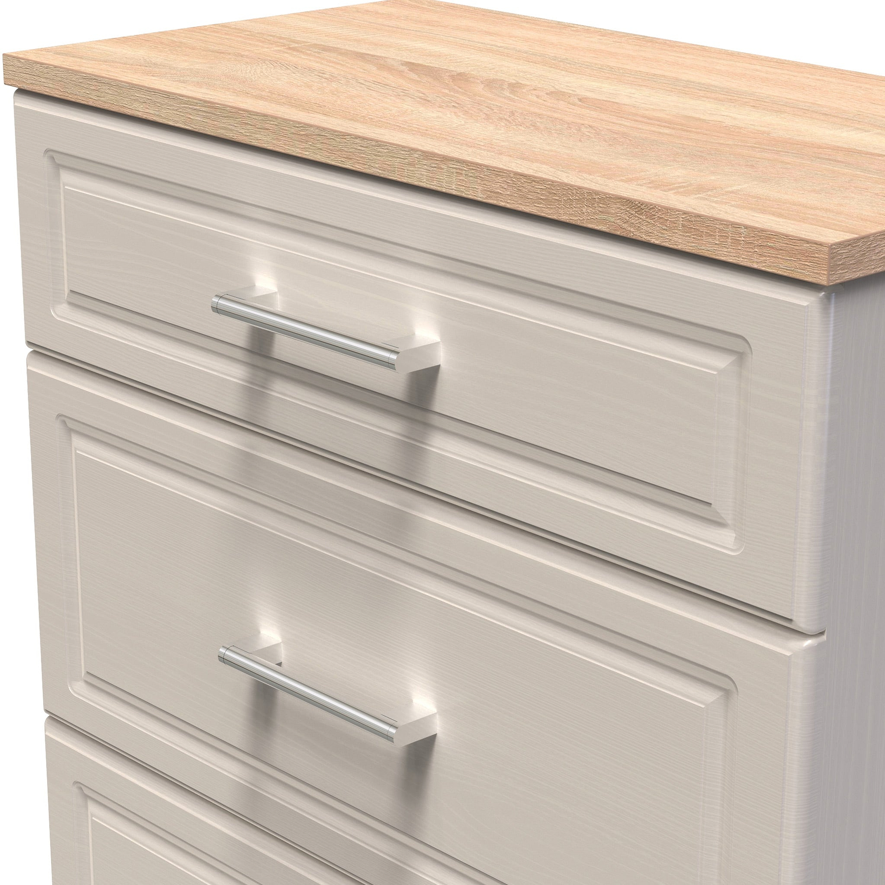 A close-up of a white chest of drawers with a light wood countertop and sleek, horizontal silver handles.