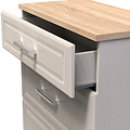A partially open drawer in a beige filing cabinet, revealing a grey interior liner, set against an isolated background.