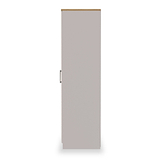 A closed light grey door with a silver handle on the right, set within a pale wall, isolated from other objects or context.