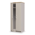 A beige corner wardrobe with open doors revealing shelves and a hanging space, isolated against a white background.