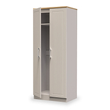 A beige corner wardrobe with open doors revealing shelves and a hanging space, isolated against a white background.