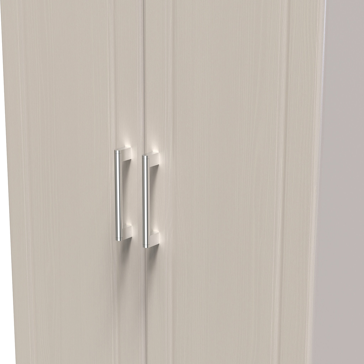 A closed double door with vertical handles stands still, set within a plain, unadorned wall. The color scheme is neutral.