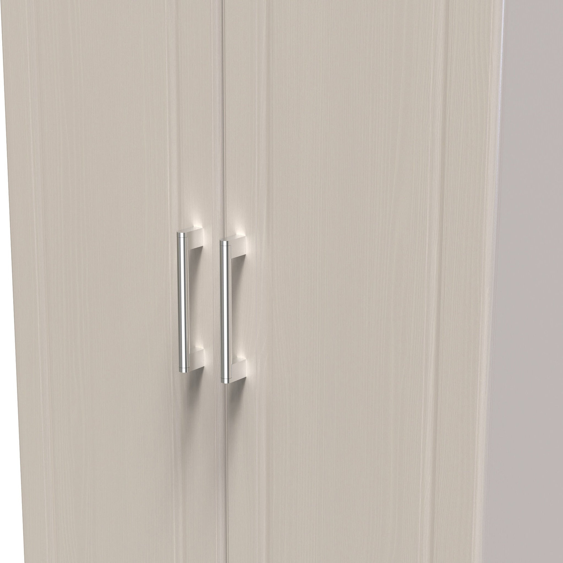 A closed double door with vertical handles stands still, set within a plain, unadorned wall. The color scheme is neutral.