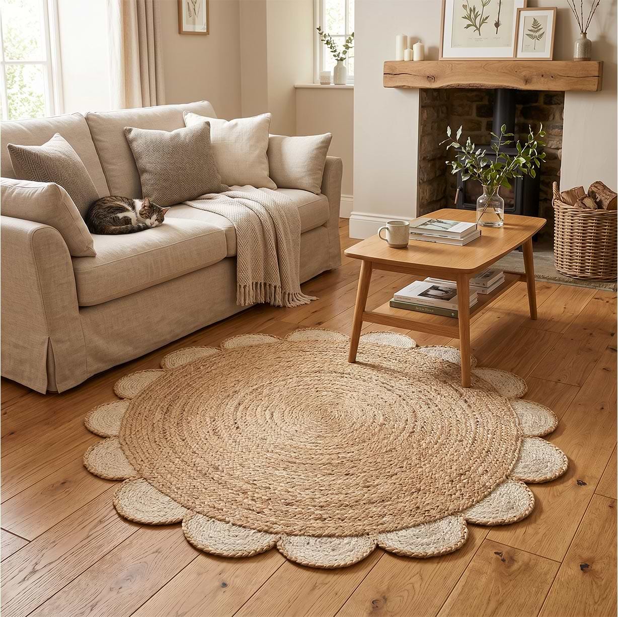 Chesney Cream Jute Scalloped Edge Circle Rug from Roseland Furniture
