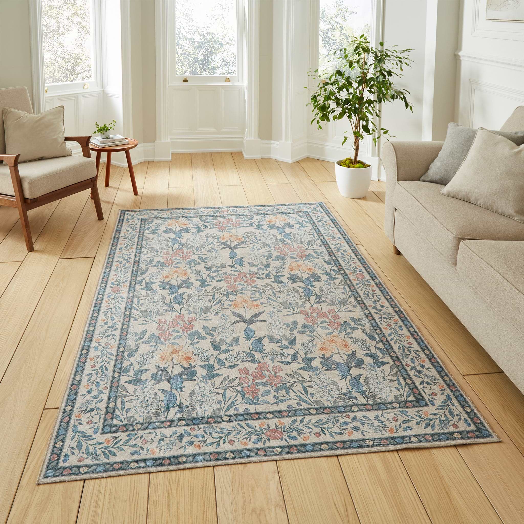 Mila Classic Floral Print Rug Beige Blue from Roseland Furniture