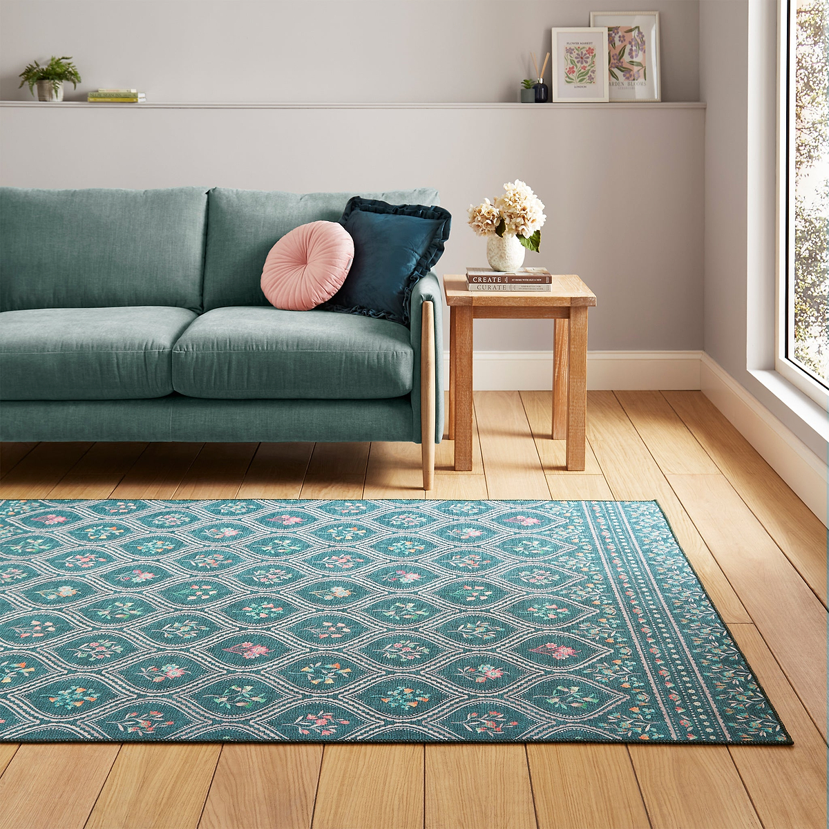 Cameo Floral Washable Rug Green from Roseland Furniture