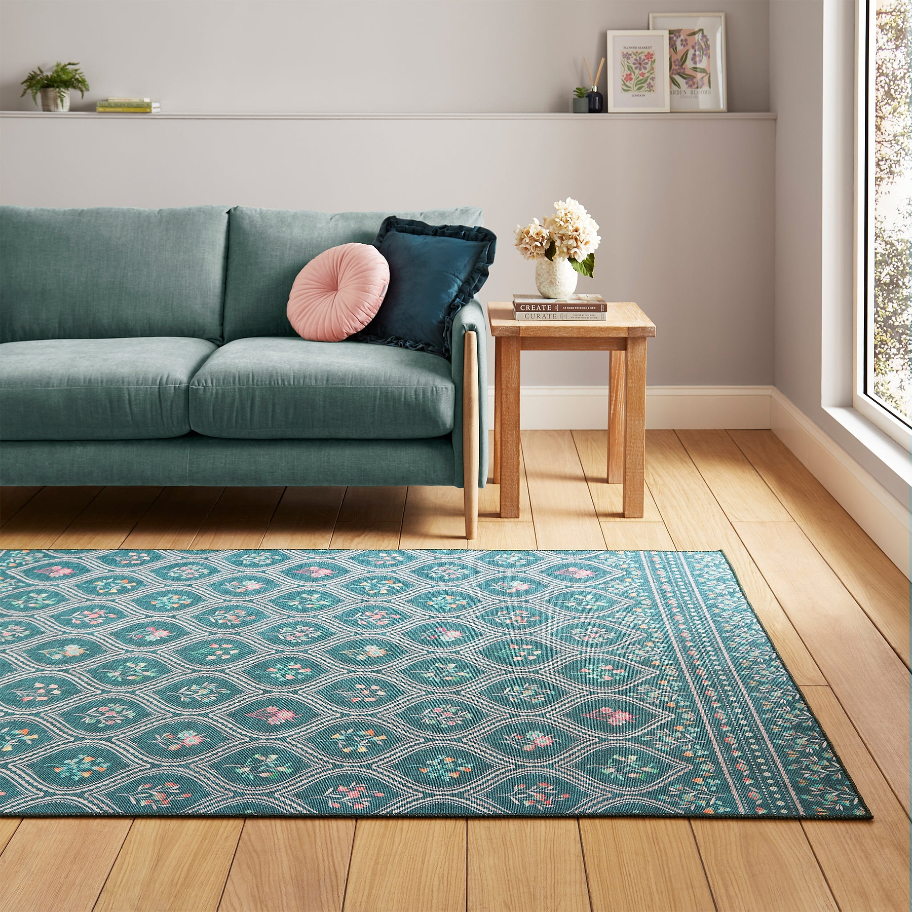 Cameo Floral Washable Rug Green from Roseland Furniture