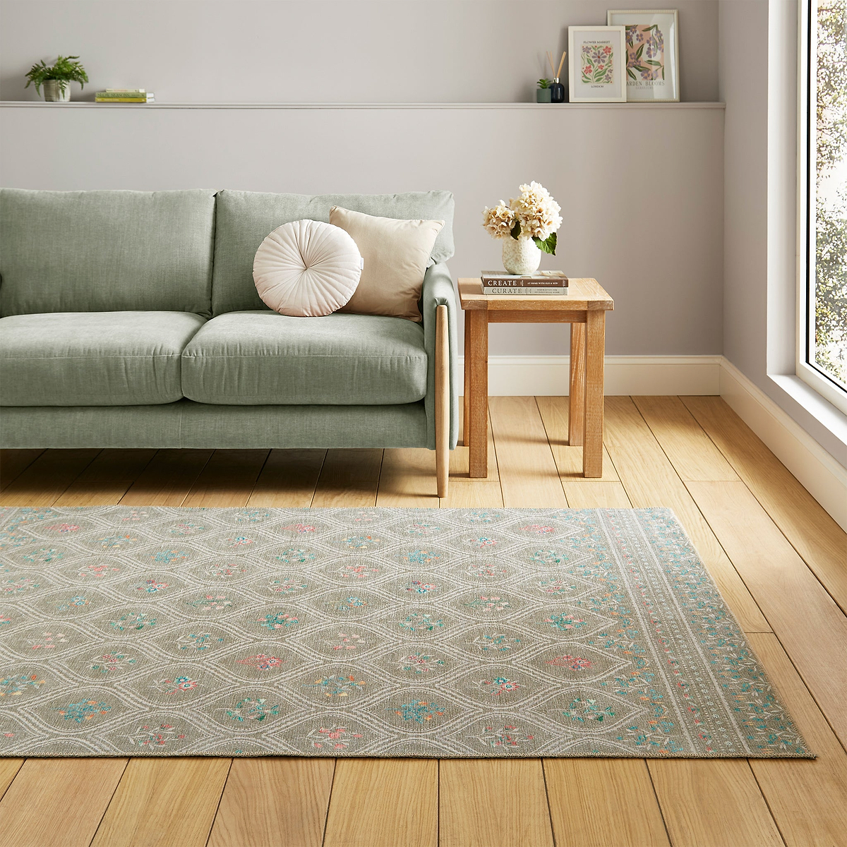Cameo Floral Washable Rug Sage Green from Roseland Furniture