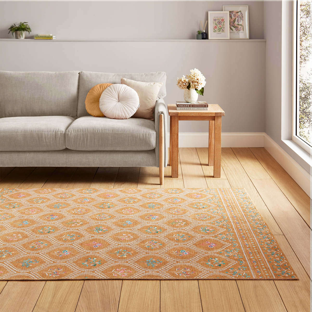 Cameo Floral Washable Rug Yellow from Roseland Furniture