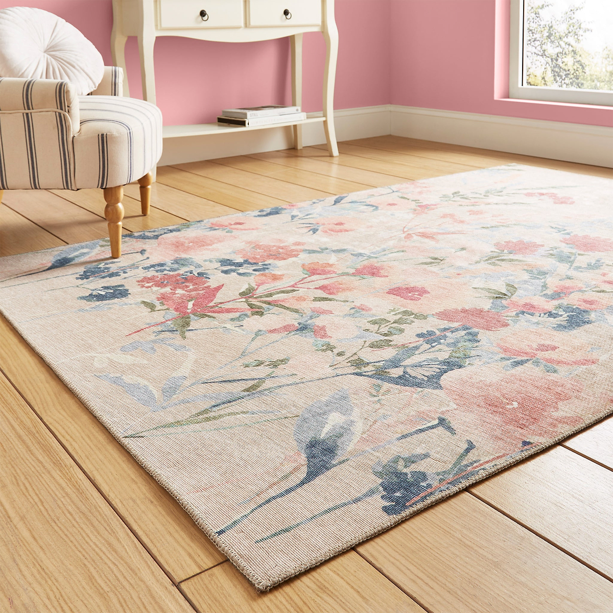 Country Floral Washable Rug Natural from Roseland Furniture