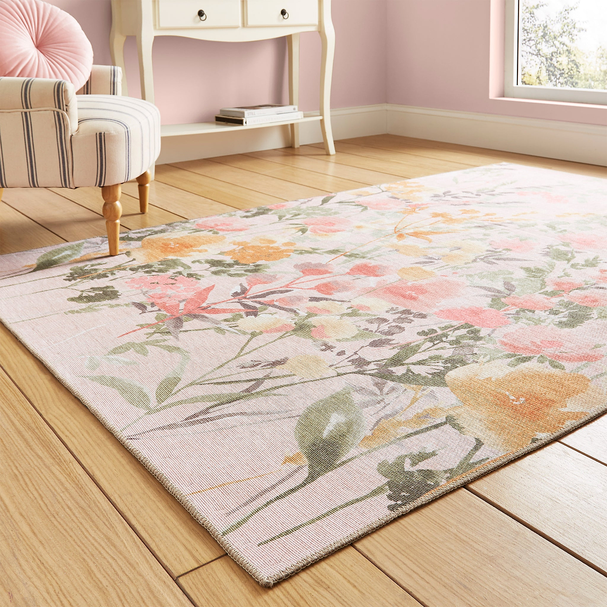 Country Floral Washable Rug Pink from Roseland Furniture
