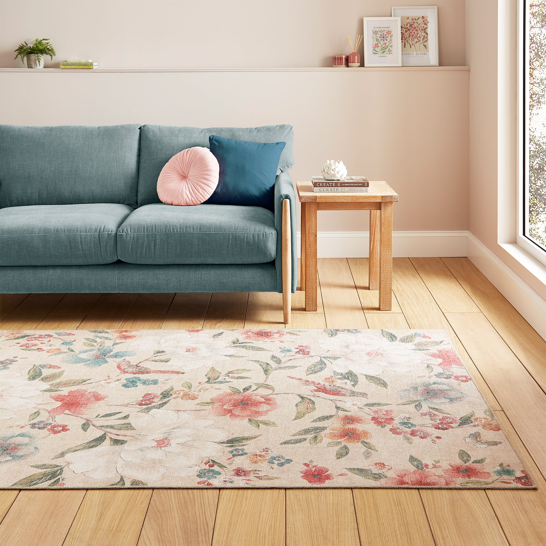 Pippa Floral Washable Rug Natural from Roseland Furniture