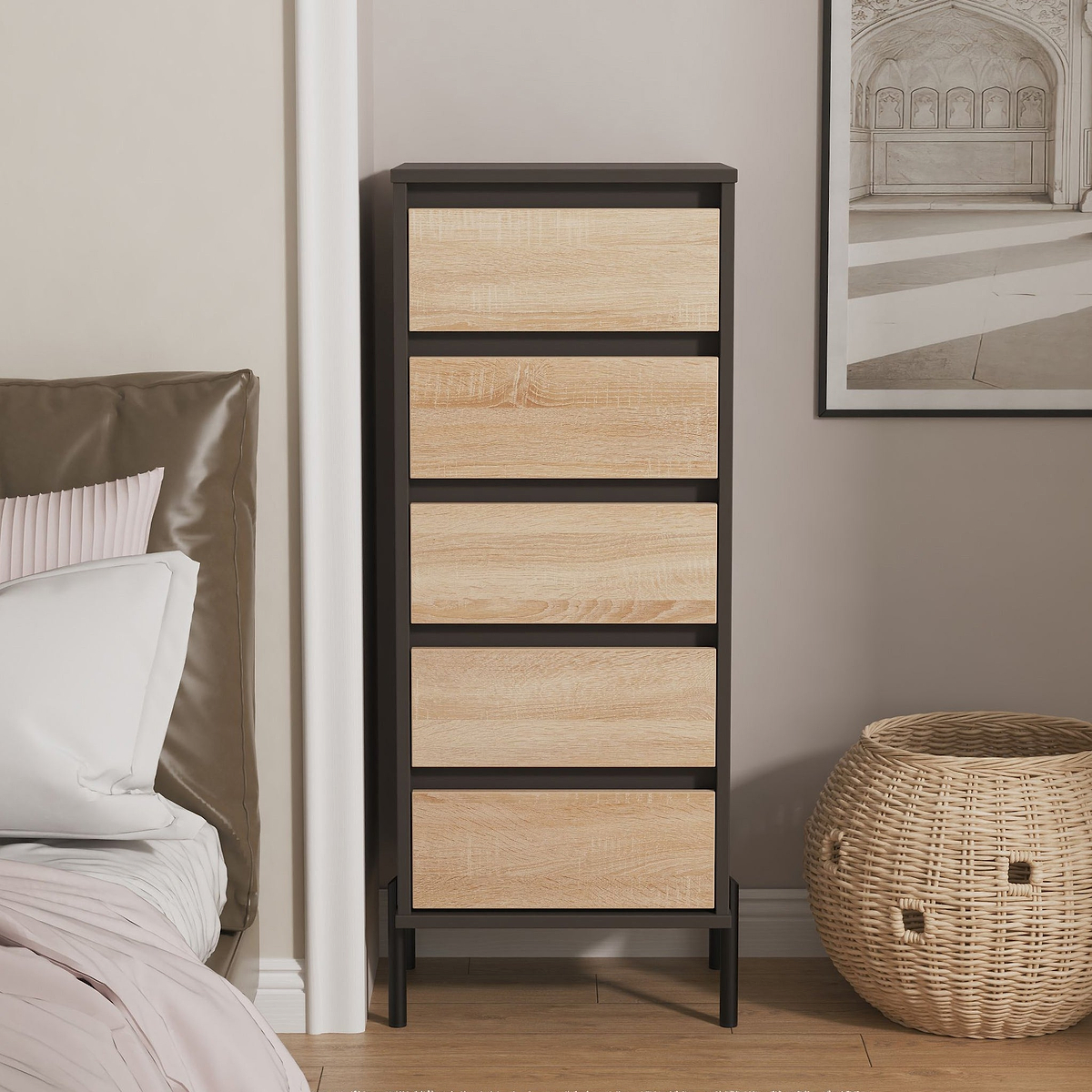 Axton 5 Drawer Tall Boy Chest Oak Graphite from Roseland Furniture