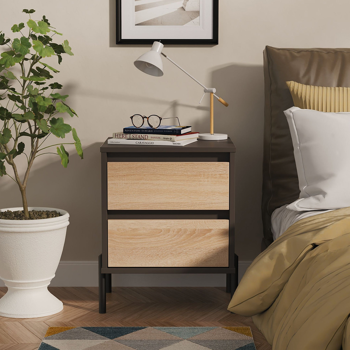 Axton 2 Drawer Bedside Oak Graphite from Roseland Furniture