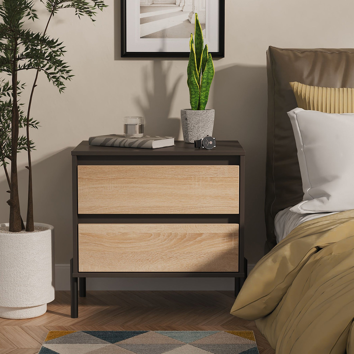 Axton 2 Drawer Wide Bedside Oak Graphite from Roseland Furniture
