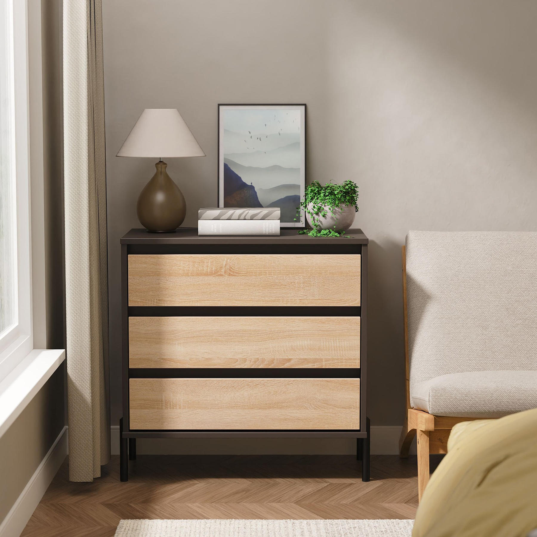 Axton 3 Drawer Chest Oak Graphite from Roseland Furniture