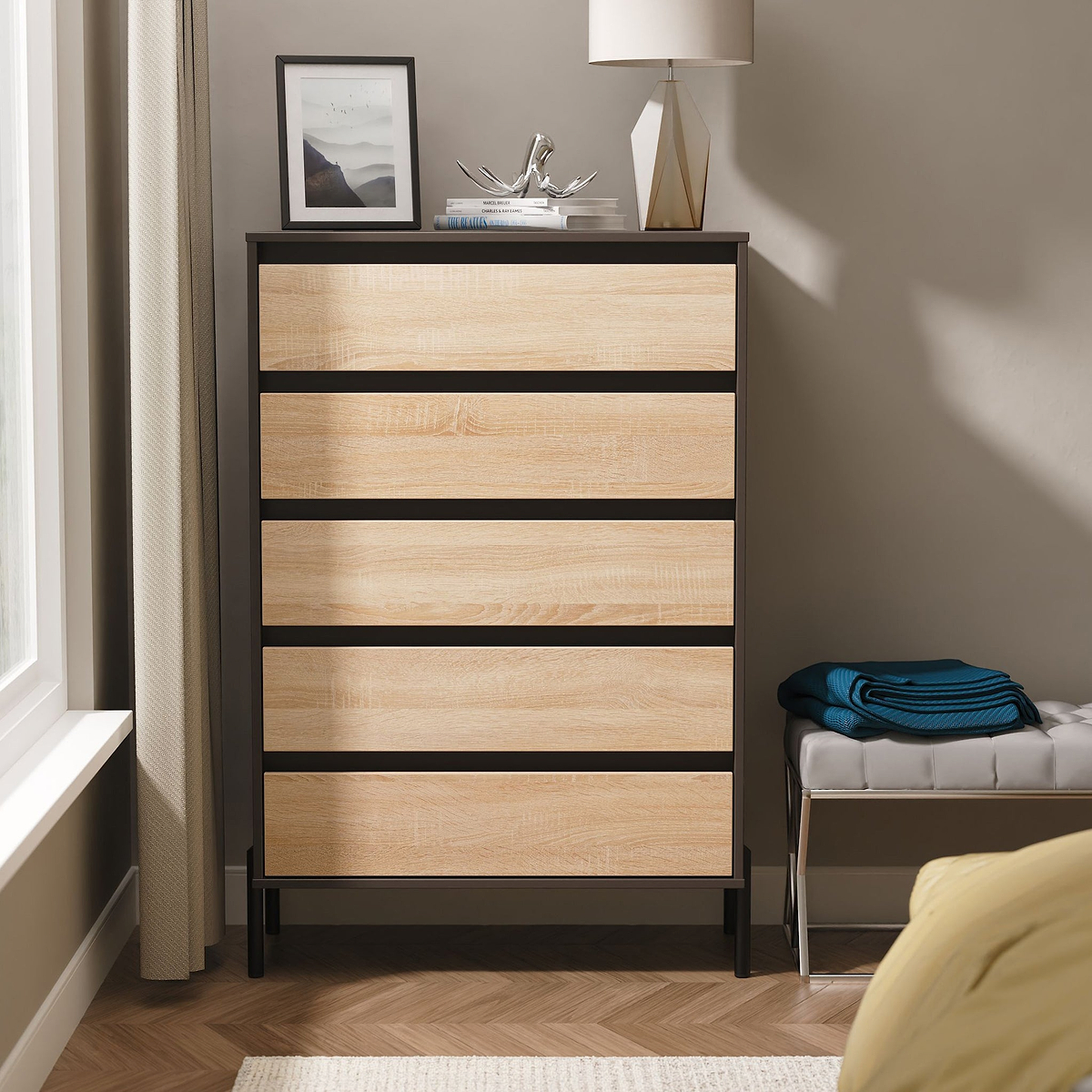 Axton 5 Drawer Chest Oak Graphite from Roseland Furniture