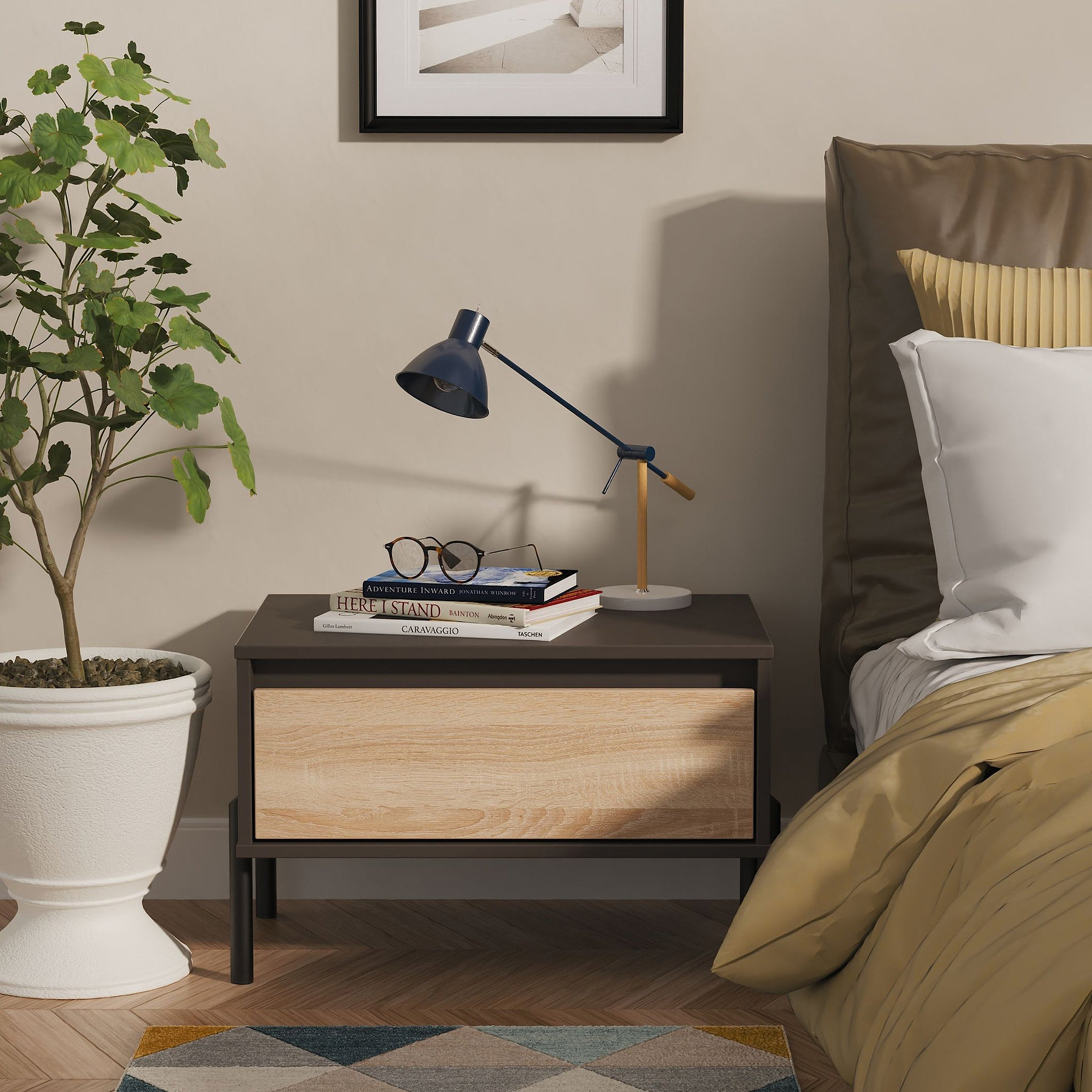 Axton1 Drawer Wide Bedside Oak Graphite from Roseland Furniture