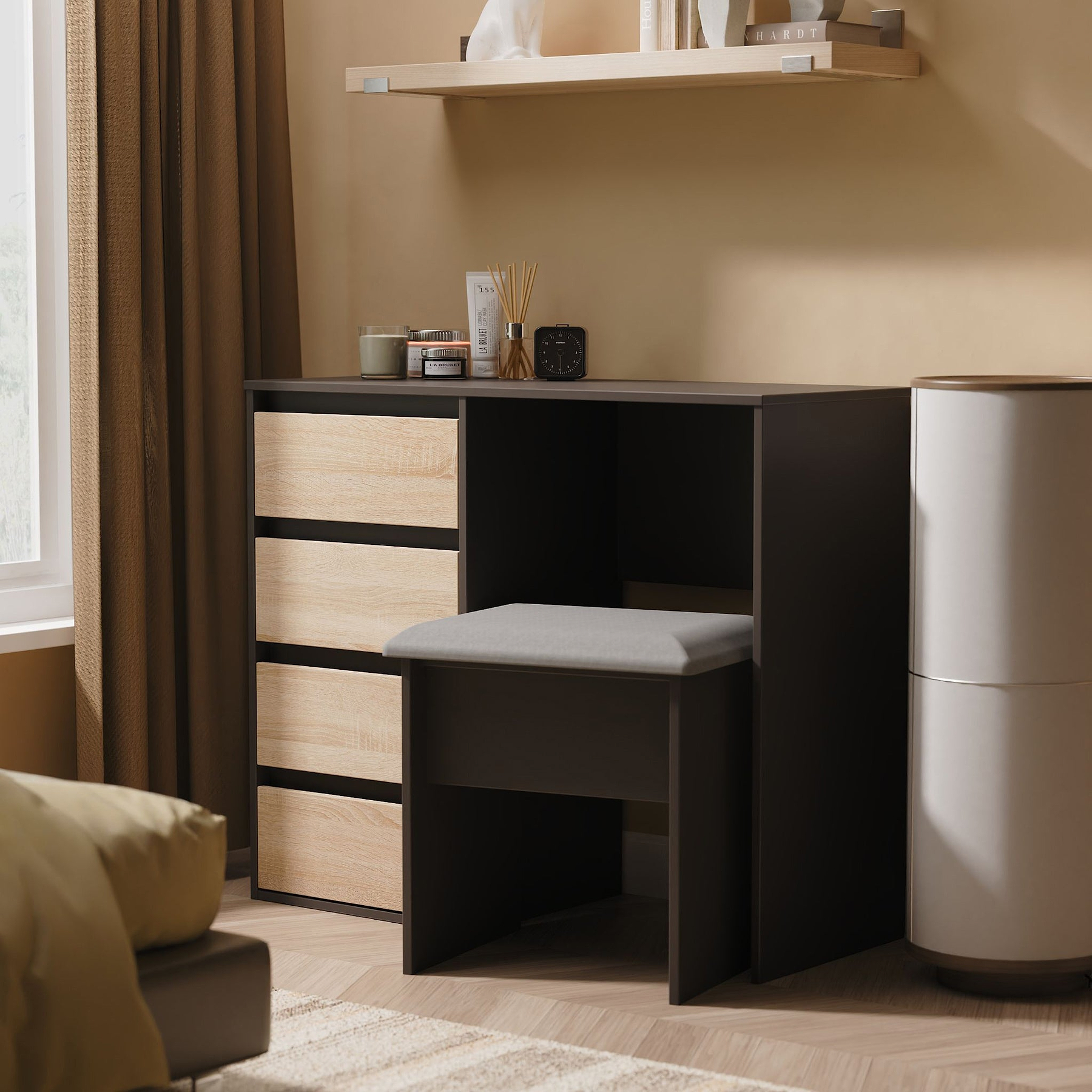 Axton 4 Drawer Dressing Table Oak Graphite Angle2 from Roseland Furniture