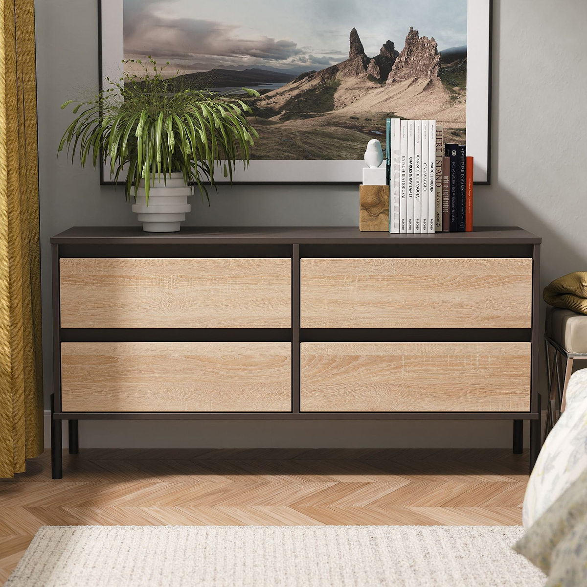 Axton 4 Drawer Low Storage Unit Oak Graphite from Roseland Furniture