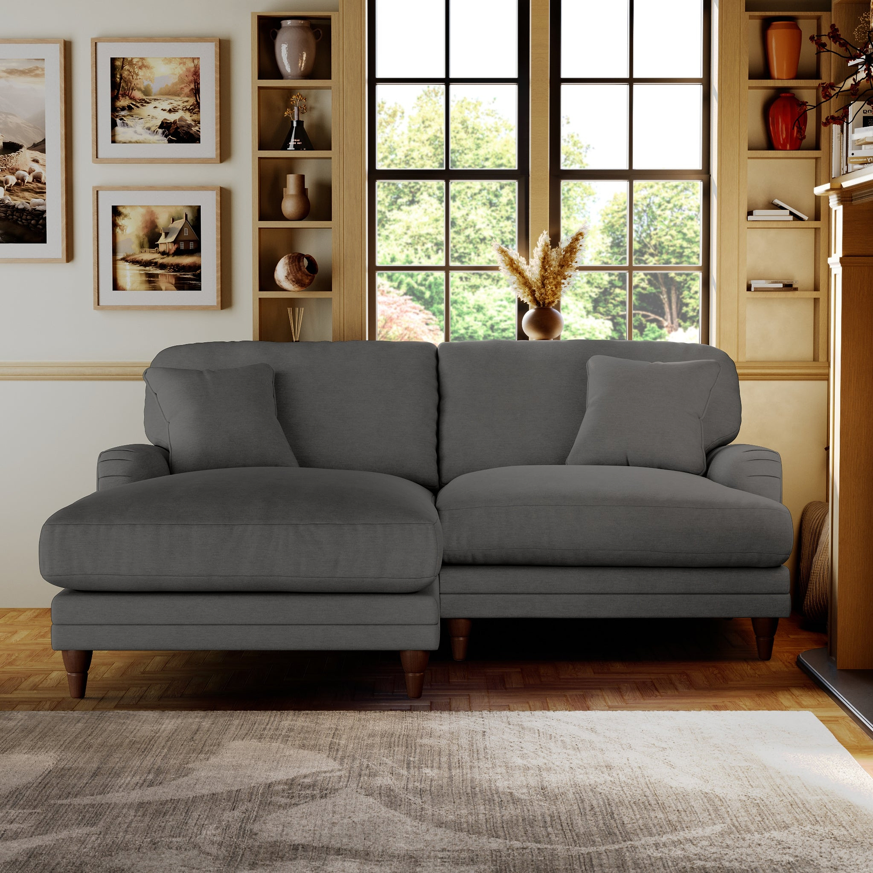 Bampton 3 Seater Chaise Sofa LH Charcoal Beech Feet from Roseland Furniture