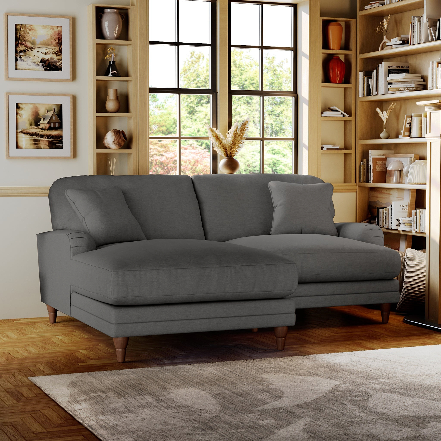 Bampton 3 Seater Chaise Sofa LH Charcoal Beech Feet from Roseland Furniture