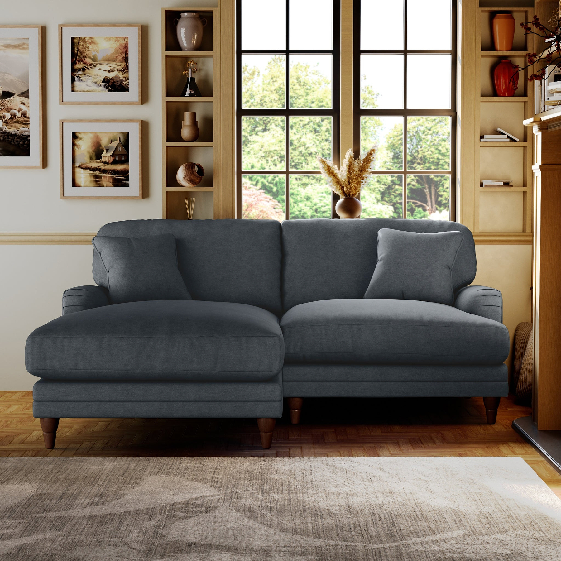 Bampton 3 Seater Chaise Sofa LH Granite Beech Feet from Roseland Furniture