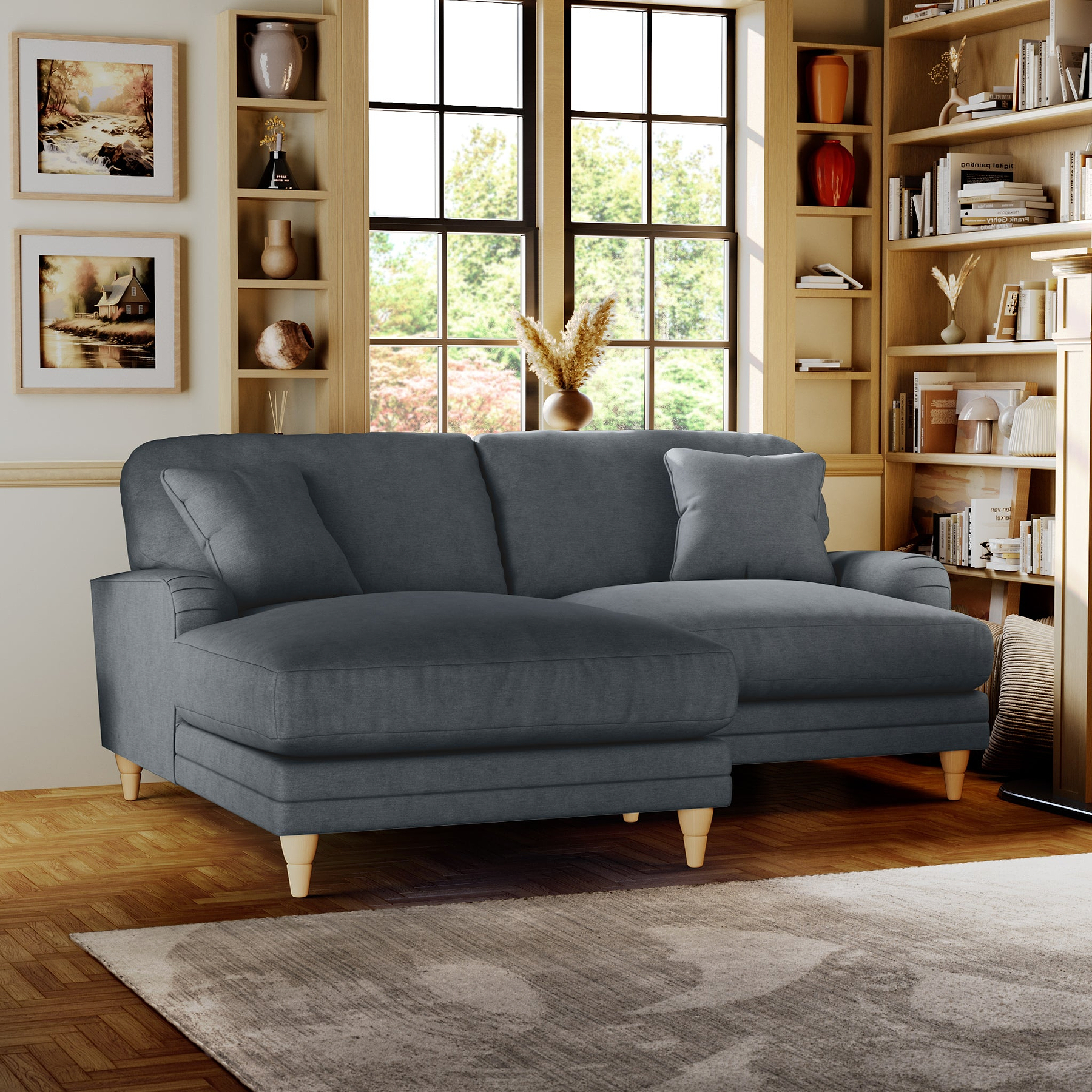 Bampton 3 Seater Chaise Sofa LH Granite Oak Feet from Roseland Furniture