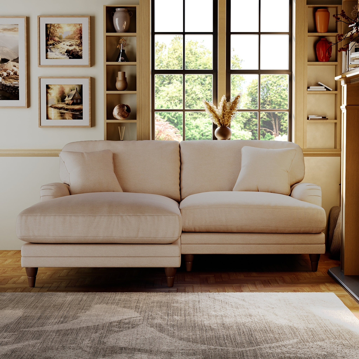 Bampton 3 Seater Chaise Sofa LH Cream Beech Feet from Roseland Furniture