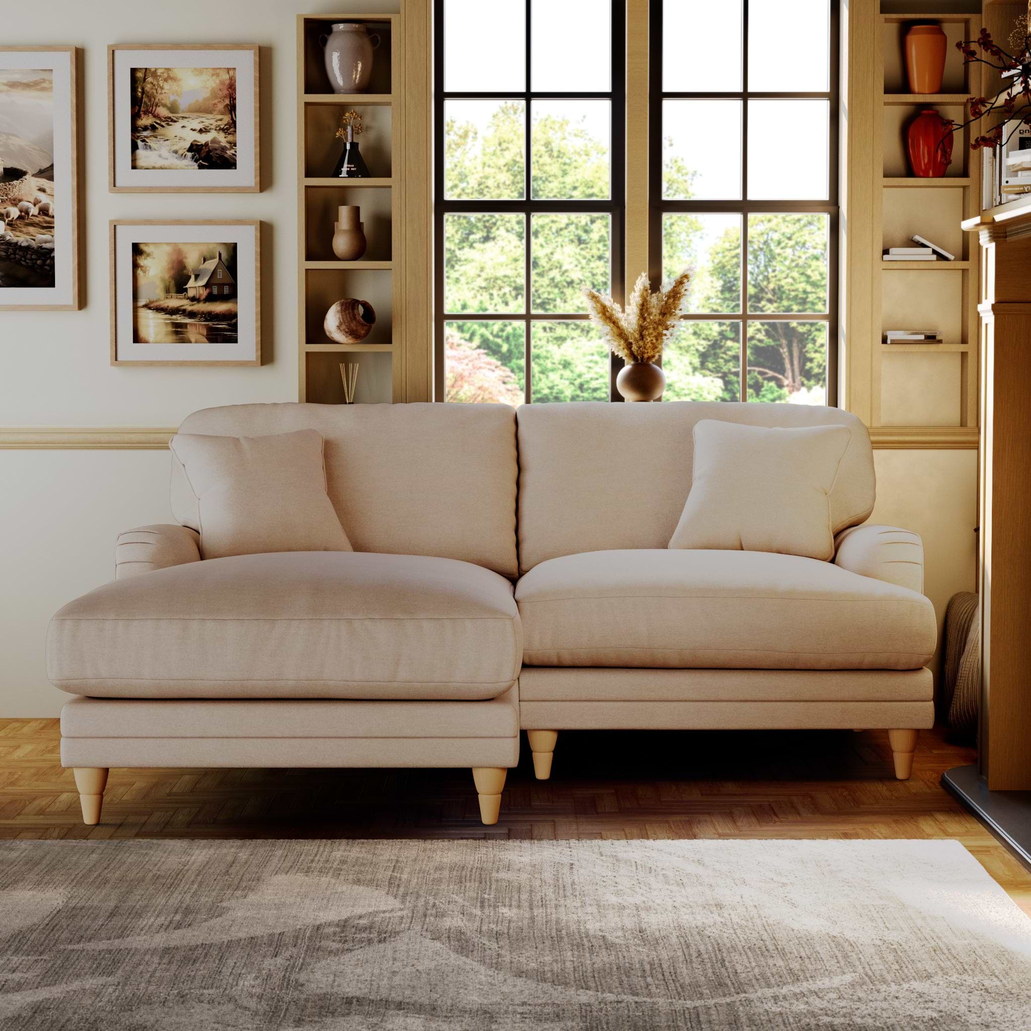 Bampton 3 Seater Chaise Sofa LH Cream Oak Feet from Roseland Furniture