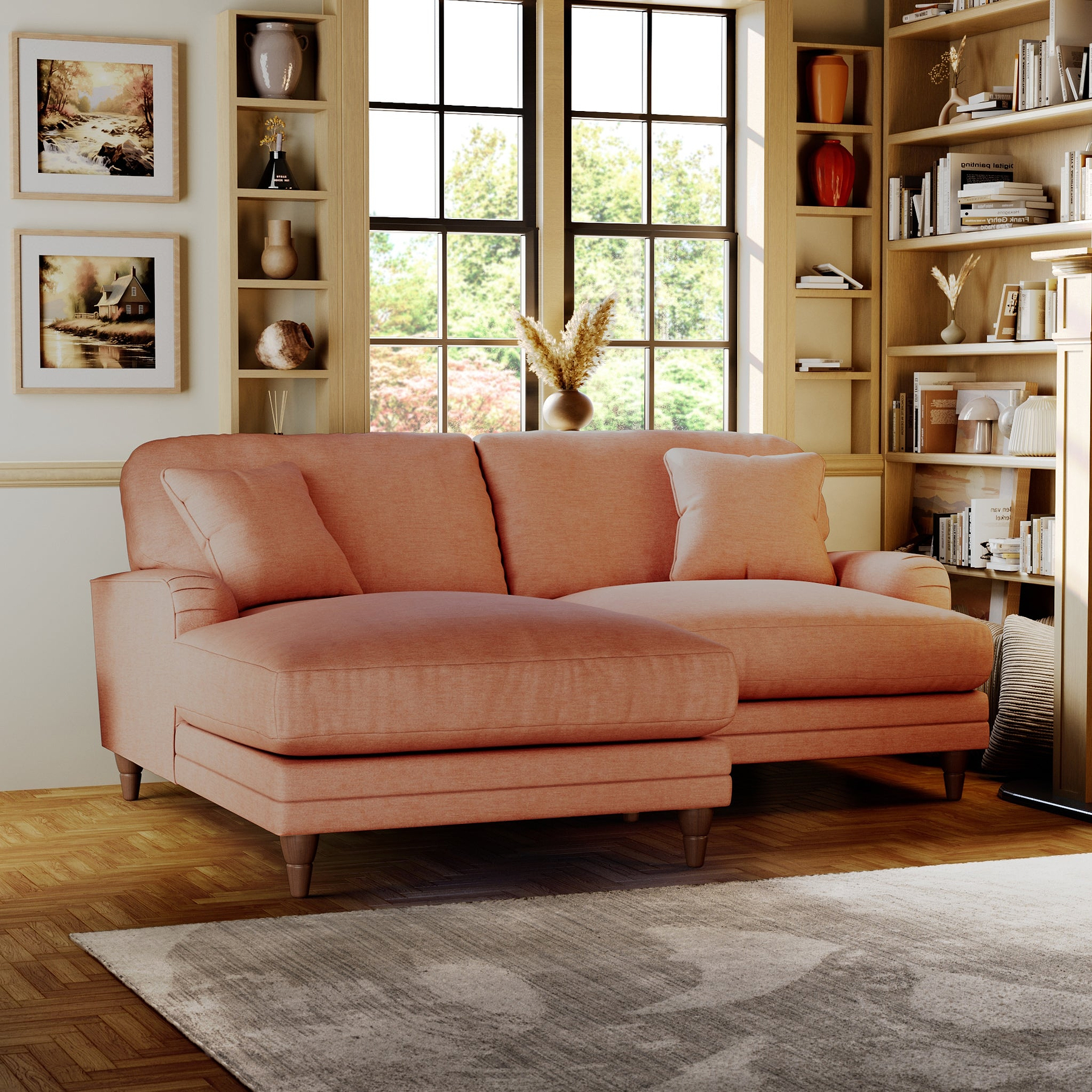 Bampton 3 Seater Chaise Sofa LH Salmon Beech Feet from Roseland Furniture