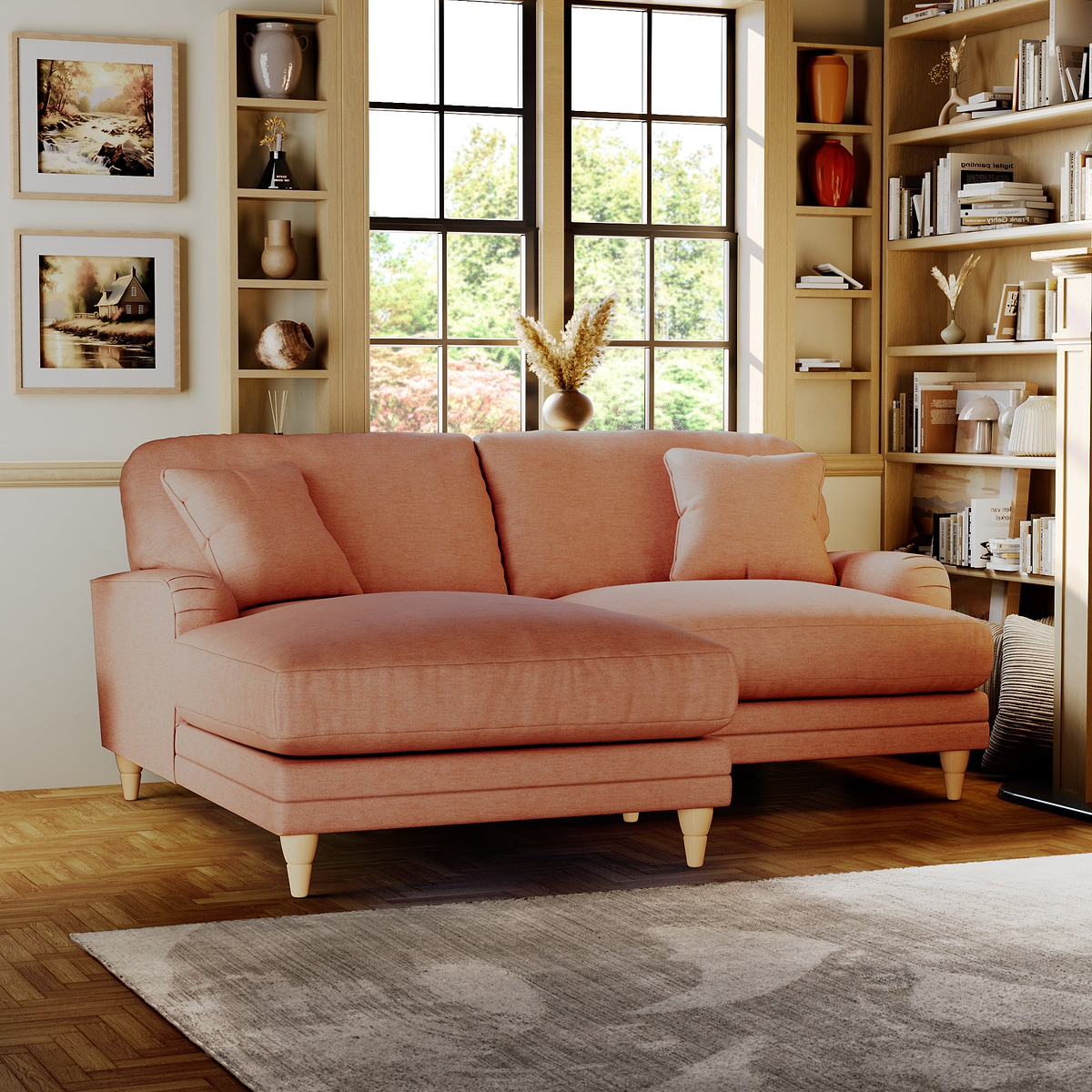 Bampton 3 Seater Chaise Sofa LH Salmon Oak Feet from Roseland Furniture