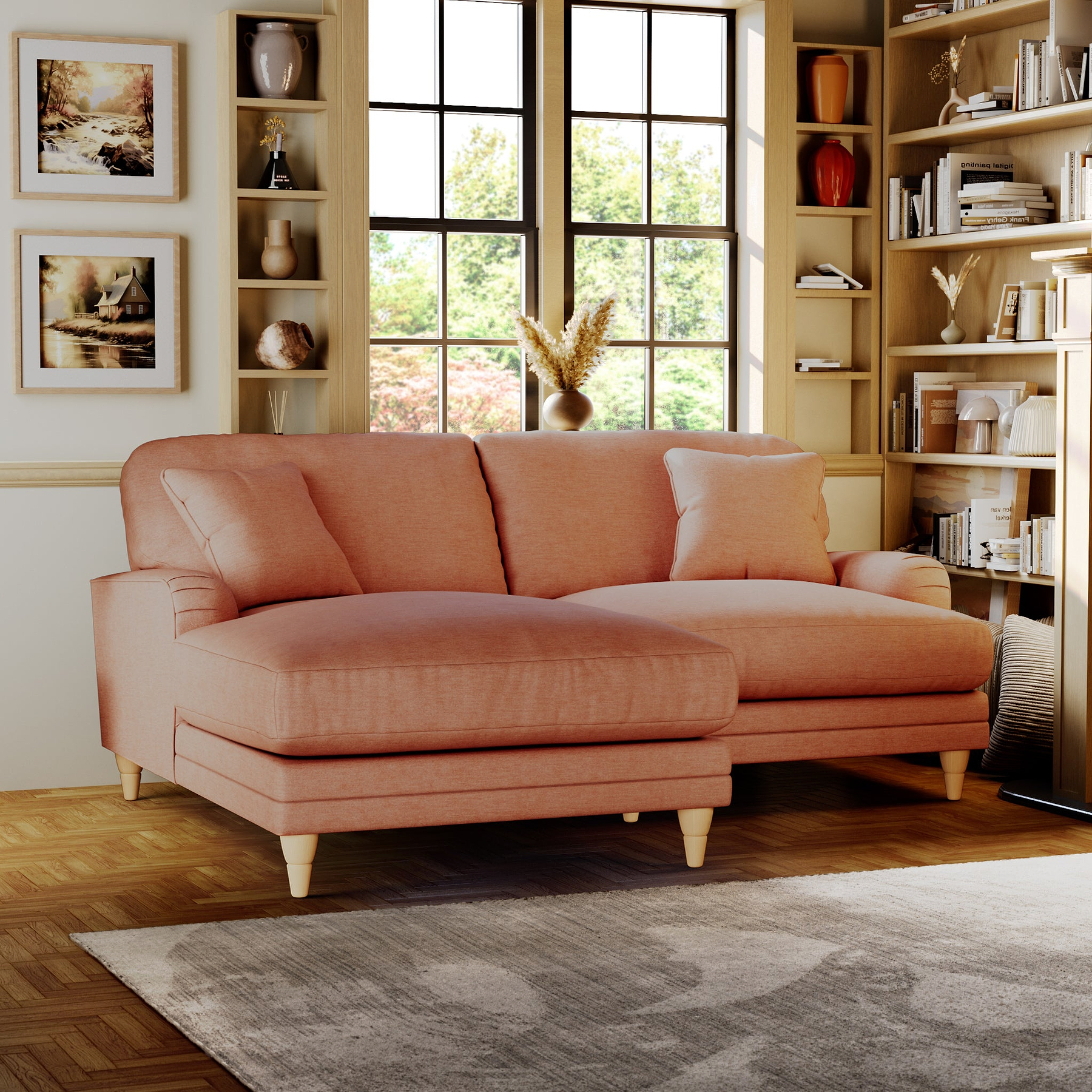 Bampton 3 Seater Chaise Sofa LH Salmon Oak Feet from Roseland Furniture