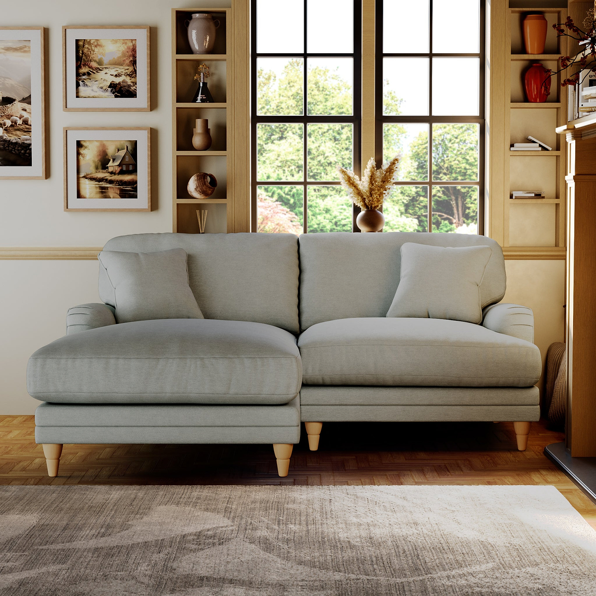 Bampton 3 Seater Chaise Sofa LH Warm Grey Oak Feet from Roseland Furniture
