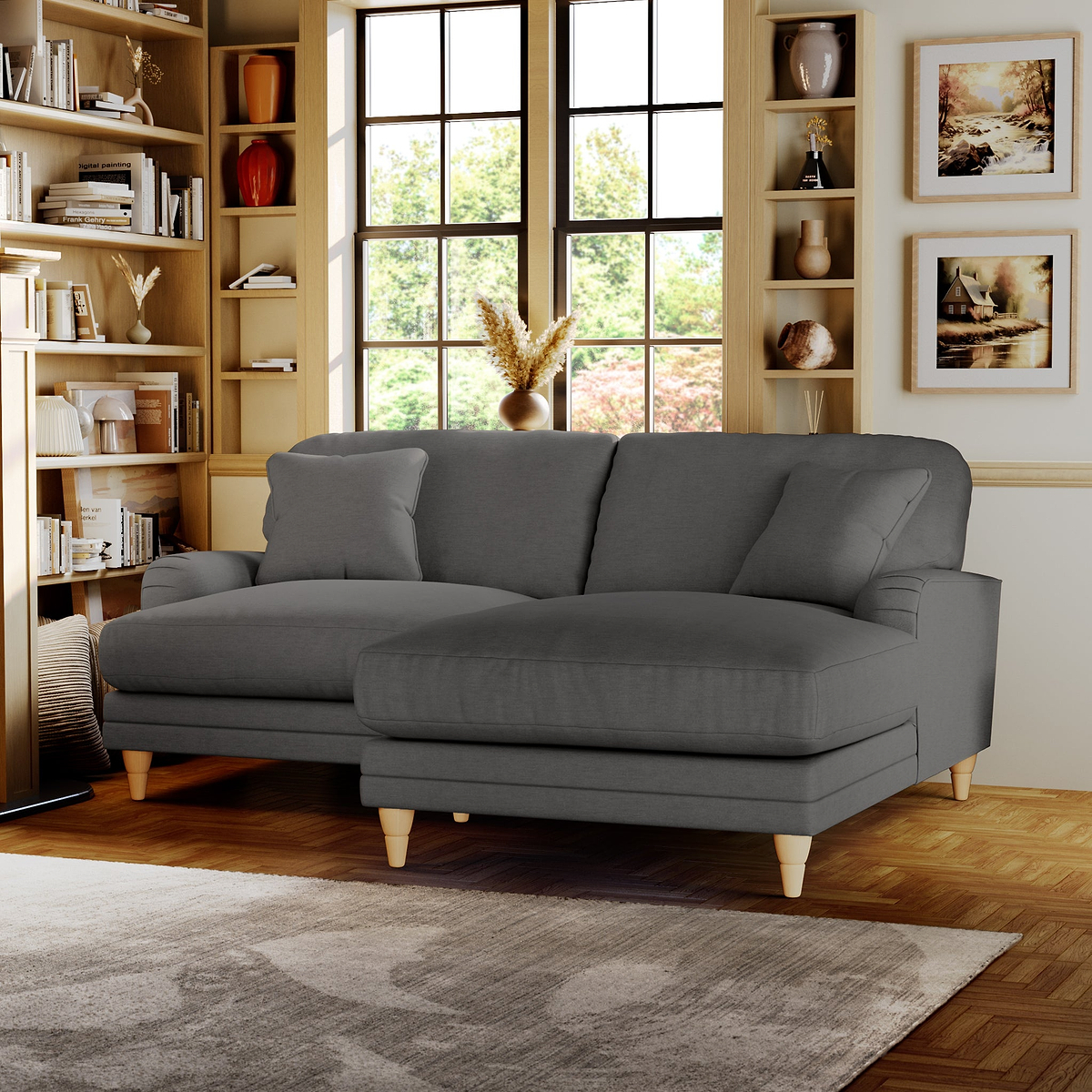 Bampton 3 Seater Chaise Sofa RH Charcoal Oak Feet from Roseland Furniture