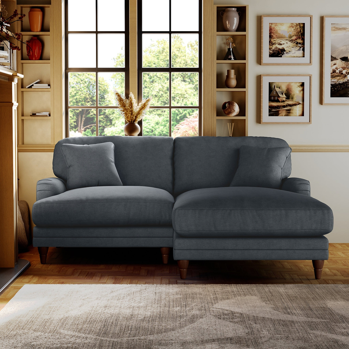 Bampton 3 Seater Chaise Sofa Granite Beech Feet from Roseland Furniture