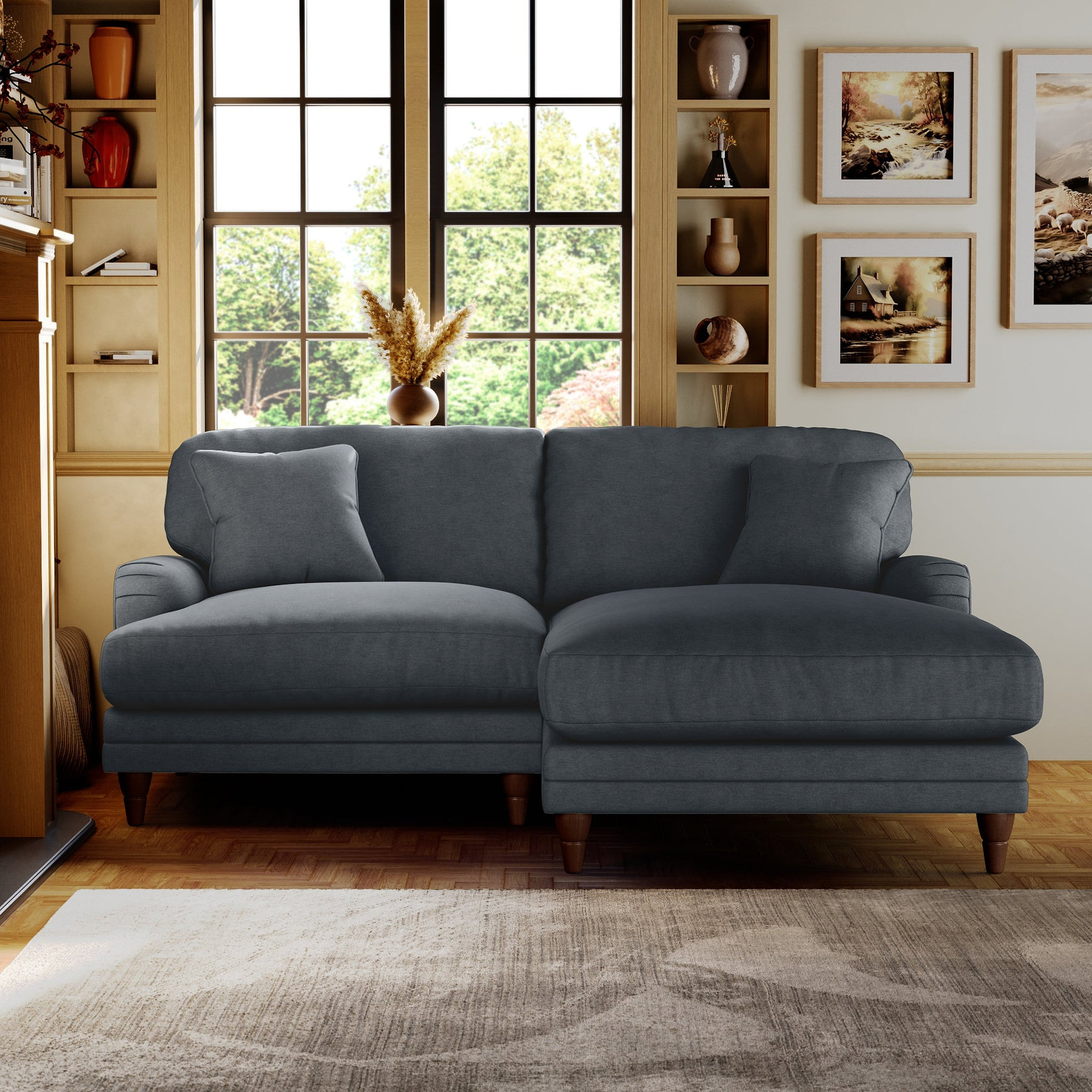 Bampton 3 Seater Chaise Sofa Granite Beech Feet from Roseland Furniture